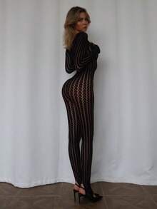 Jumpsuits For Woman Winter Clothes For Women One Piece Jumpsuit  Sexy Perspective  Fashion Seamless Striped Jacquard One-Piece Long-Sleeved One-Piece Trousers - 黑色 - 查看 2