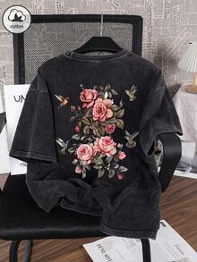 Es Trus 女士夏季趣味印花嘻哈风“粉红玫瑰(含盛开的花朵、花苞)+蜂鸟”独特图案印花街头韩风复古休闲基本款修身圆领短袖水洗T恤,Y2K时尚黑色 - 黑色 - 查看 4