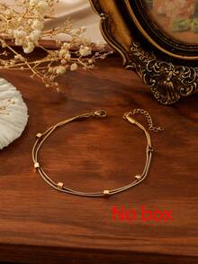 1 pieza Tobillera de mujer de doble capa, estilo de playa de acero inoxidable con diseño cuadrado multicapa, regalo de joyería de moda (sin caja de regalo) - Amarillo Oro - Ver 5