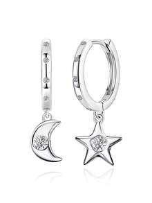 925 Sterling Silver Cubic Zirconia Earrings, Star & Moon Pendant Hoop Earrings, Hypoallergenic Everyday Wear Earrings, Birthday Gift For Women - Silver - View 1