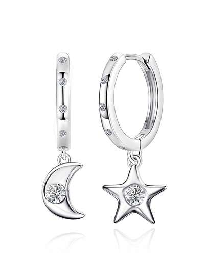 925 Sterling Silver Cubic Zirconia Earrings, Star & Moon Pendant Hoop Earrings, Hypoallergenic Everyday Wear Earrings, Birthday Gift For Women