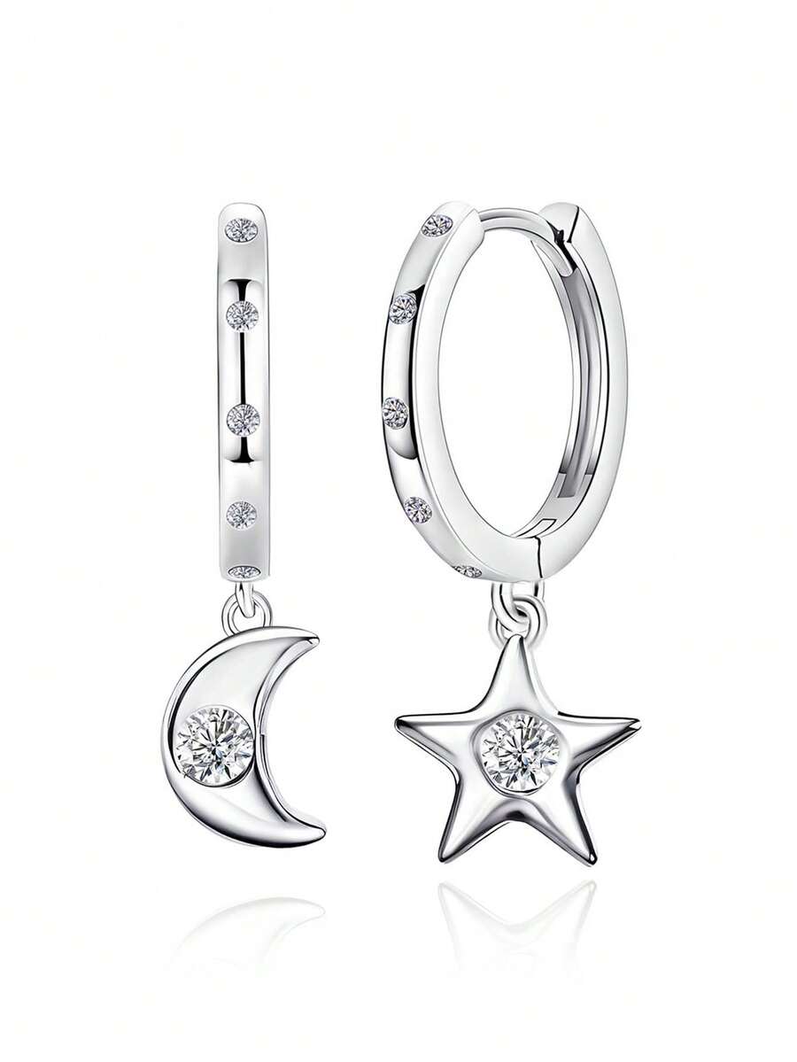 925 Sterling Silver Cubic Zirconia Earrings, Star & Moon Pendant Hoop Earrings, Hypoallergenic Everyday Wear Earrings, Birthday Gift For Women - Silver - View 1