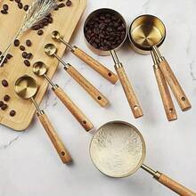 8pcs Measuring Cup & Spoon Set | Wooden Handle Design, Metric & Imperial Units, Polished Silver Surface, Suitable For Cooking And Baking - Silver - View 11