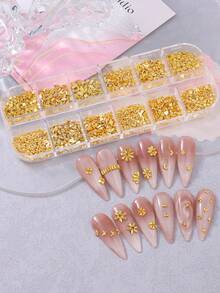 12格迷你金色美甲装饰，DIY金色心形长方形水滴形蝴蝶结美甲配件，美甲用品，美甲饰品，Y2K美甲饰品 - 金色 - 查看 10
