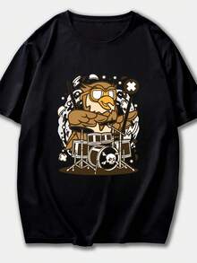 Women's 100% Cotton T-Shirt With Owl Playing Drums Print, Short Sleeve, Casual And Cool Summer T-Shirt, Streetwear And Fun Style, Ideal For Everyday Wear - 黑色 - 查看 1