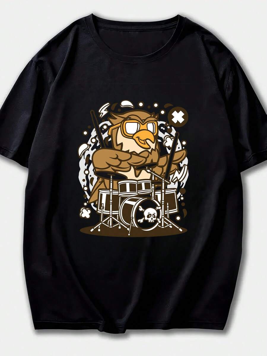 Women's 100% Cotton T-Shirt With Owl Playing Drums Print, Short Sleeve, Casual And Cool Summer T-Shirt, Streetwear And Fun Style, Ideal For Everyday Wear - 黑色 - 查看 1