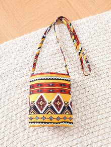 Young Girls' Vintage 3 Pieces Set: Geometric Jacquard Splice Colorful Tassel 3/4 Sleeve Top + Skirt + Crossbody Bag, Children Outfit - Black - View 4