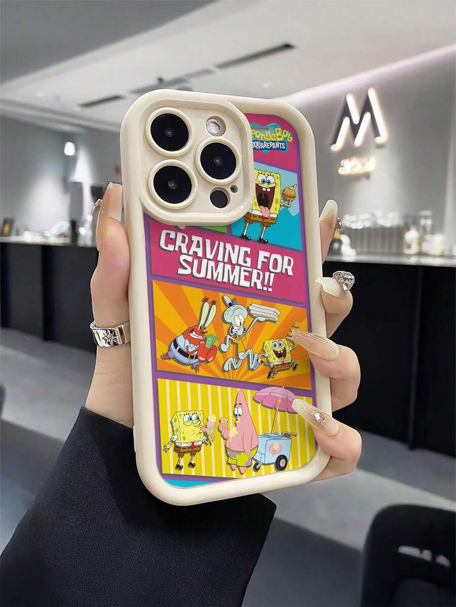 SpongeBob SquarePants 1个卡通创意海绵宝宝菠萝条纹拼接图案防震手机壳,兼容三星/兼容 17/16/15/14/13/12/11 Pro Max/12 Pro/14 Plus等。 - 彩色 - 查看 1