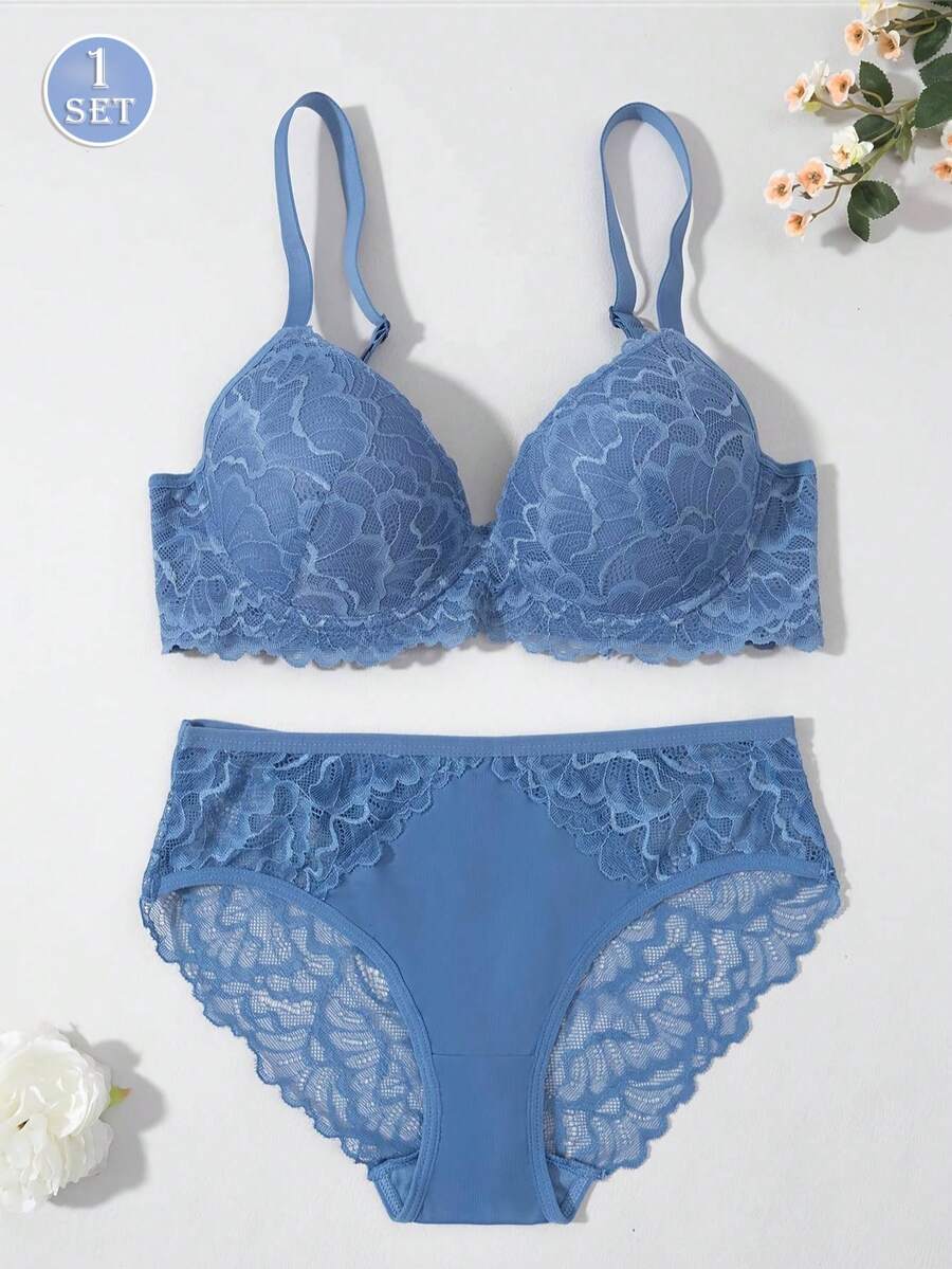 Bộ áo ngực ren Jacquard dành cho nữ, có gọng nâng ngực, kiểu dáng lãng mạn và thanh lịch. - Màu xanh lam - Xem 1