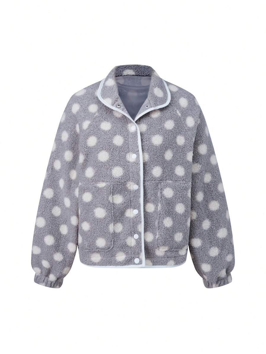 Womens Fall Winter Fleece Jacket Dot Pattern Long Sleeve Lapel Button Down Sherpa Coat - Gris - Ver 1