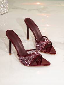 Women's Rhinestone Grid High Heel Shoes, Pointed Toe Low Vamp Sandals, European And American Style - Burgundy - View 7