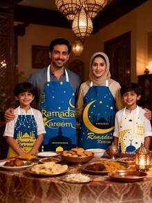1pc Ramadan Waterproof Apron With Mosque & Crescent Moon Print, Blue, Sleeveless Kitchen Smock - Multicolor - View 3