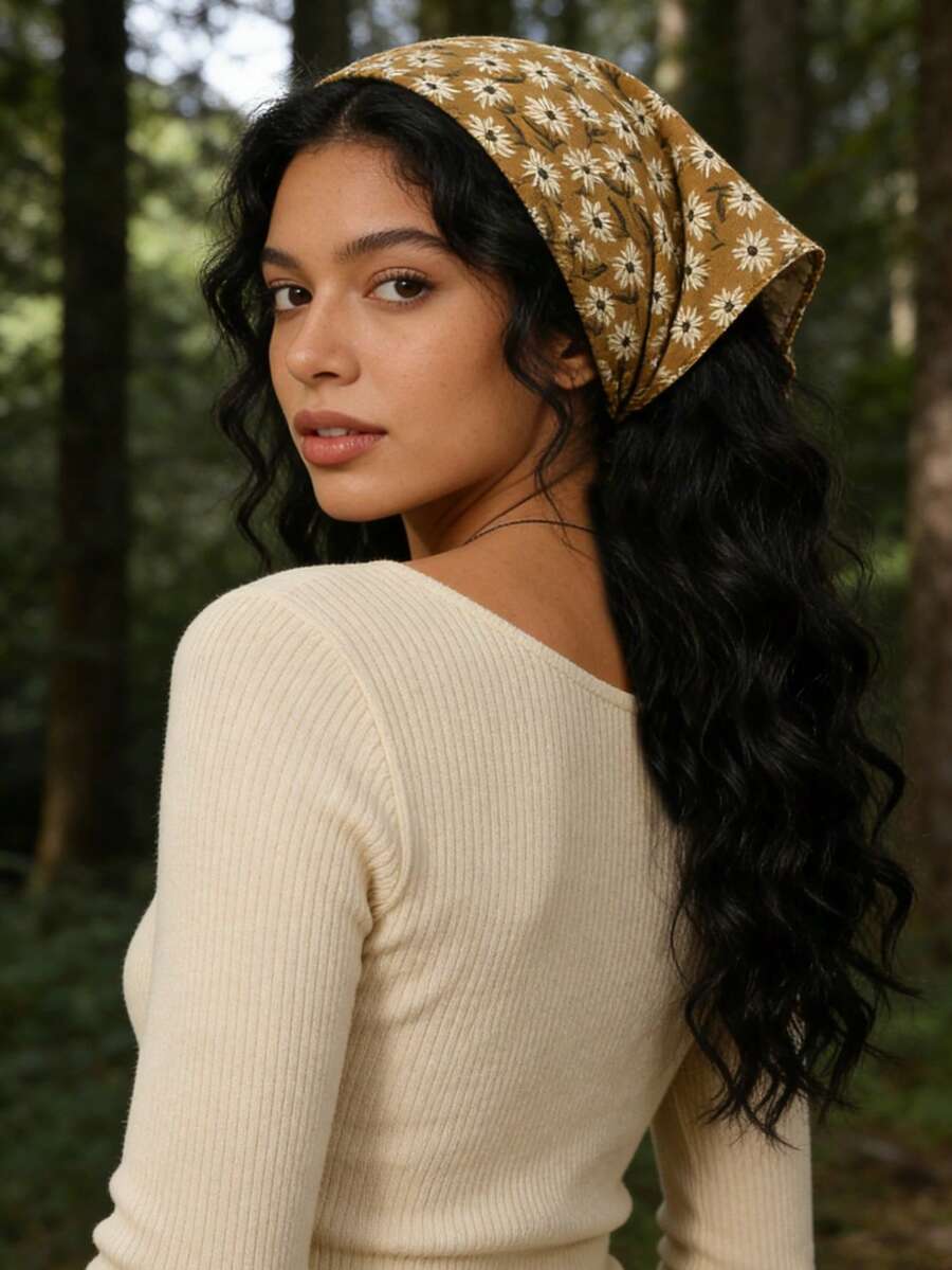 1条波西米亚风花卉三角头巾发带，适合日常佩戴，时尚发饰，休闲发带，优雅发巾 - 黃色 - 查看 1