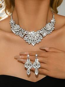 3件套女士时尚首饰 - 耳环+项链，波西米亚风蓝色水钻闪亮高端时尚首饰套装，派对/礼物