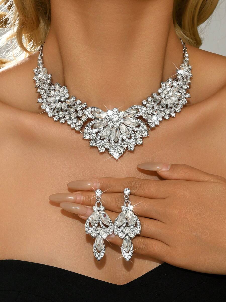 3件套女士时尚首饰 - 耳环+项链，波西米亚风蓝色水钻闪亮高端时尚首饰套装，派对/礼物