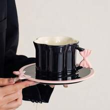 1 Set French Hand-Painted Bow Coffee Cup & Saucer Set, 3D Embossed Underglaze Ceramic, Suitable For Coffee, Afternoon Tea, Snacks, Daily Use, Home, Office, Gifts, Holidays - Multicolor - View 9