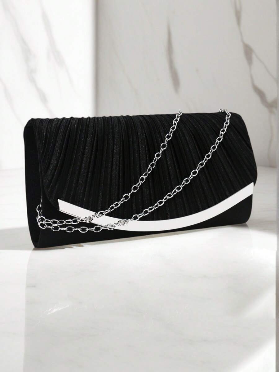 Valentine's Day Gift Love Holiday Date Silver Clutch Bags V Design Metal Chain Glitter Sequined Evening Bags With Envelope Party Wedding Casual Lady Handbags Banquet Dinner Purse - Black - View 1