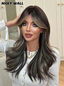 NICKY WALL 22 Inch Medium To Long Straight Brown Highlights Wig With Curtain Bangs, Layered, Natural Looking, Heat Resistant, Suitable For Women's Daily Wear And Parties, Beginner-Friendly - Brown Highlight - View 6