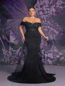 Faeriesty 优雅黑色露肩晚礼服，蕾丝薄纱长款礼服，刺绣花卉紧身胸衣和鱼尾裙摆——完美适用于婚礼宾客、正式晚宴、盛大派对、周年纪念派对 - 黑色 - 查看 5