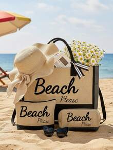 Black & Khaki "Beach Please" 4-Piece Set Including Beach Bag, Cosmetic Bag, Mini Pouch, Hat, Large Capacity, Adjustable Shoulder Strap, Convenient Carry, Suitable For Beach, Summer, Tropical Scenery With Palm Trees, Sand, Straw Hat - Multicolor - View 3