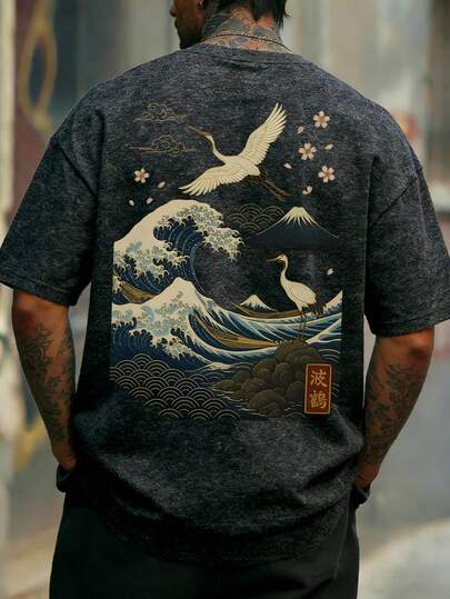 Men's Casual Versatile Simple Wave & Crane Natural Landscape Artwork Print Short Sleeve T-Shirt
