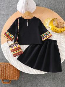 Young Girls' Vintage 3 Pieces Set: Geometric Jacquard Splice Colorful Tassel 3/4 Sleeve Top + Skirt + Crossbody Bag, Children Outfit - Black - View 3
