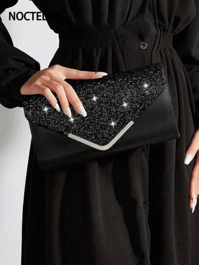 Noctella Glistening Black Sequined Clutch With Metal V-Clasp A Glamorous Accessory Featuring Sparkling Sequins And Sleek Metal Detail Perfect For Parties Dinners And Events Elevating Eye-Catching Ensembles It Is The Best Gift For Women