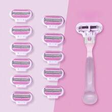 女士手动脱毛器 - 含手柄和8个刀片，女士剃毛器，面部及比基尼部位脱毛，多层不锈钢刀片，可替换刀片 - 粉色 - 查看 4