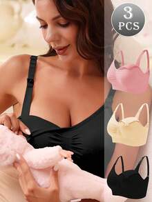 3pcs Women's Bras With Removable Pads, Soft & Skin-Friendly Fabric, Front Clasp For Easy On/Off - Multicolor - View 10