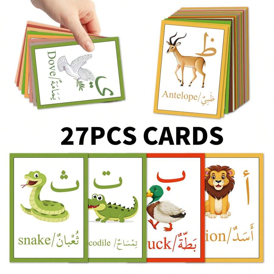 1 Set Bilingual Arabic-English Animals/Number/Fruit Learning Cognitive Flashcards, Arabic Writing And Alphabet Recognition Tool, Interactive Arabic Alphabet Learning Cards With Animals/Number/Fruit Illustrations - Multicolor - View 1