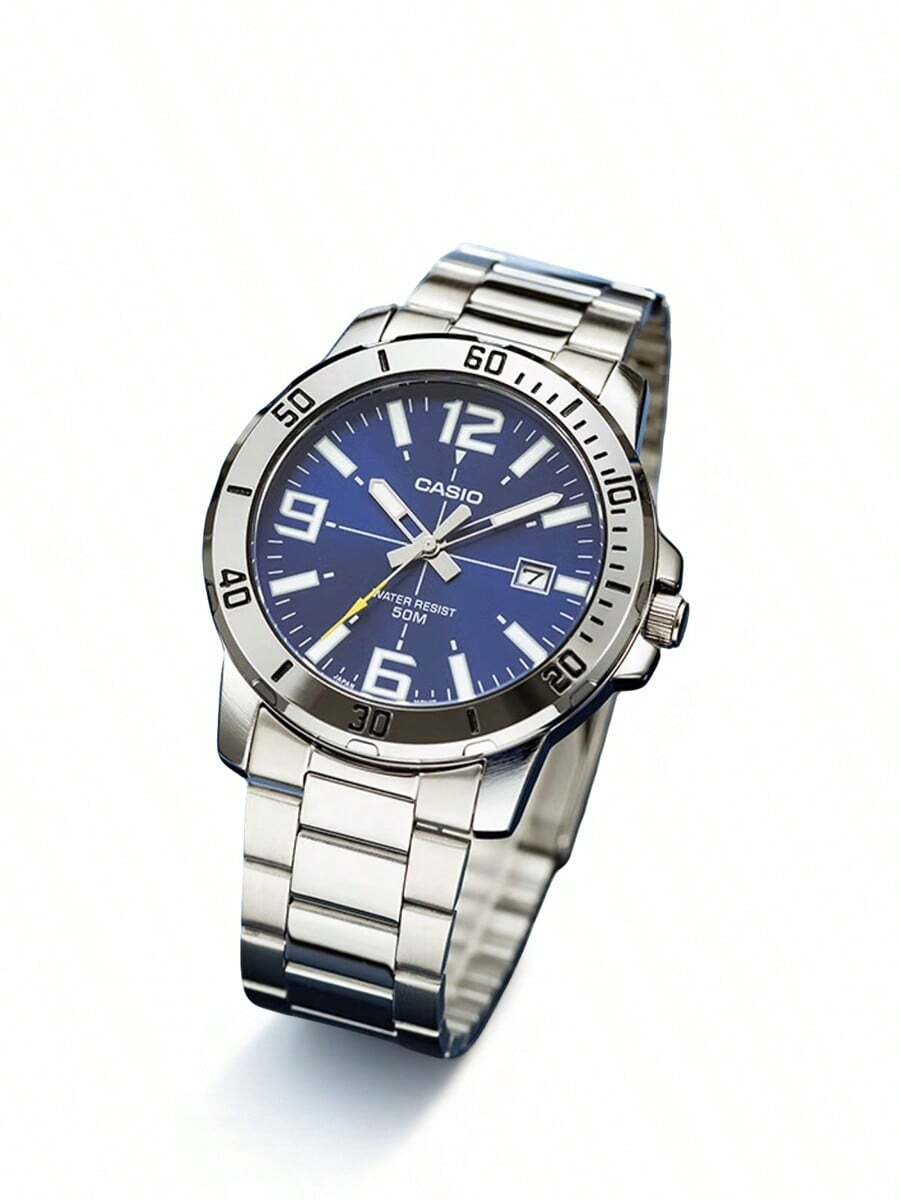 Đồng hồ thể thao nam Casio MTP-VD01D-1BV / MTP-VD01D-2BV bằng thép không gỉ, mặt số đen, kiểu dáng casual. Dây đeo bằng thép không gỉ kết hợp với mặt số analog chạy bằng pin thạch anh, phù hợp để đeo hàng ngày, cũng có thể dùng làm quà tặng trang trí, quà năm mới, quà Giáng sinh, v.v. - Màu xanh lam - Xem 1