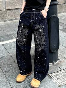 男士时尚水钻装饰直筒牛仔裤 - 深色水洗藍 - 查看 1