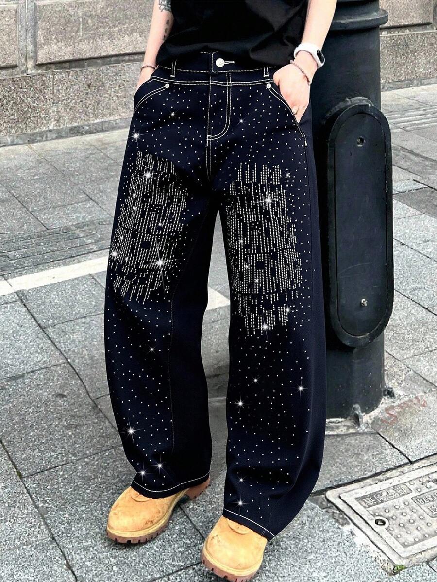 男士时尚水钻装饰直筒牛仔裤 - 深色水洗藍 - 查看 1