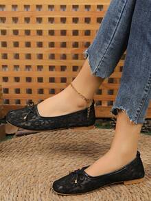 Zapatos planos de verano para mujer con malla de encaje y suela blanda, mocasines casuales con lazo y punta cuadrada - Negro - Ver 3