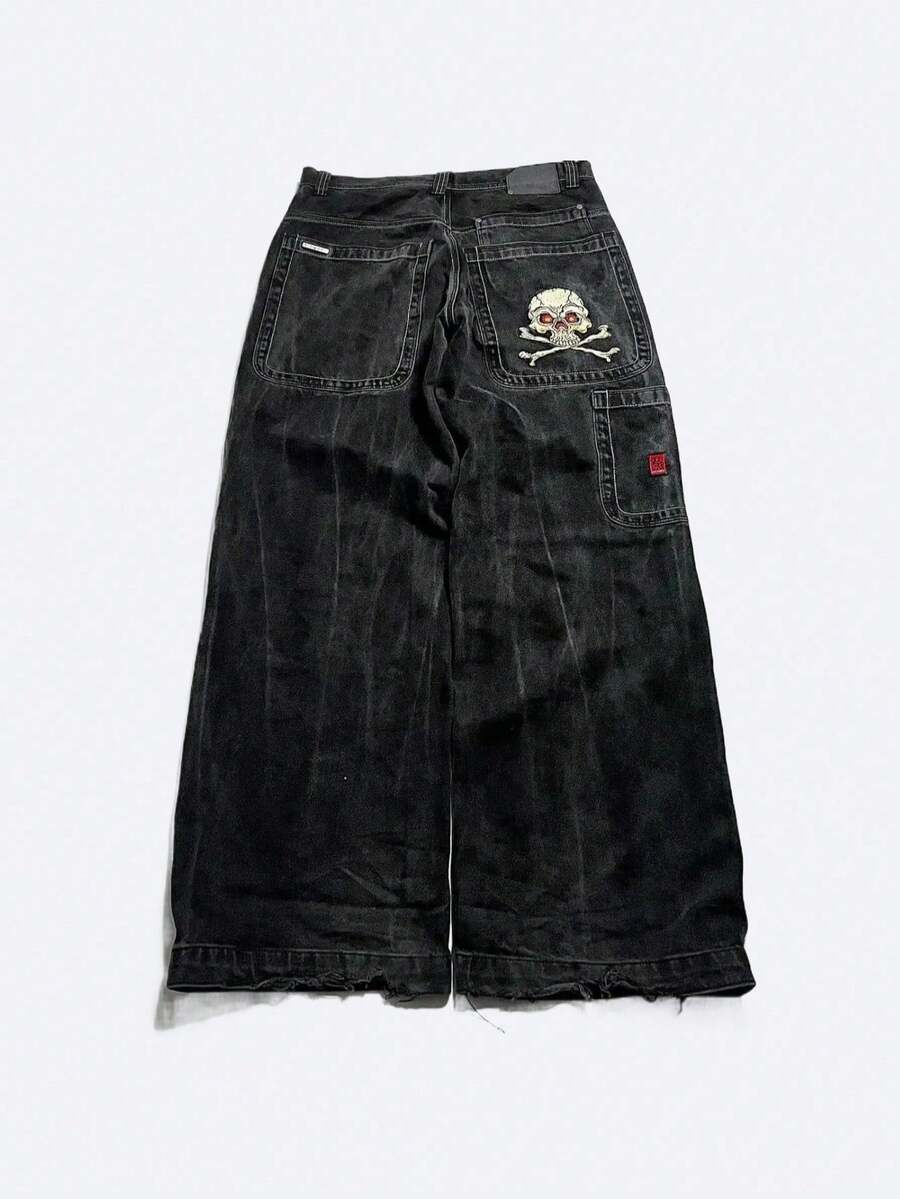 Y2K Harajuku Hip-Hop Unisex Street Jeans, Retro Blue Style, Loose High Waist Wide Leg, Letter Print - Black - View 1