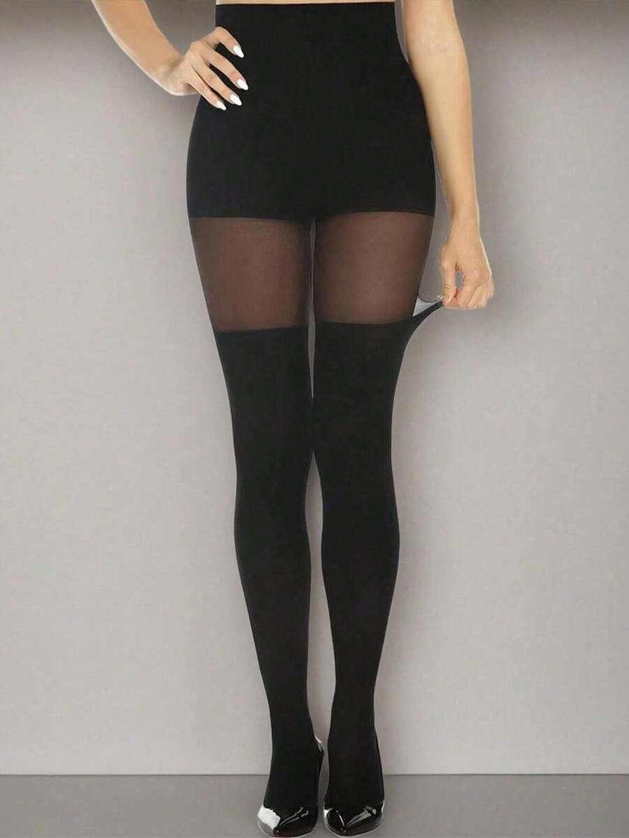 1件黑色格子拼接仿过膝长筒袜，性感洛丽塔JK风格连裤袜 - 黑色 - 查看 1