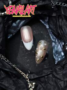 10pcs Fake Nails Press On Almond French Tip,Nude Base,Natural Looking,Gold Chrome,Glitter,With Pearl,Gold Bean,Classic Design Full Coverage Nails Fake Nails Press On Handmade,Rhinestone Decor,Nail Supplies Art Including With 1 Mini Nail File And 1 Double-Sided Adhesive Label For Women And Girls,Suitable For Daily, Leisure, Vacation, Workplace, Holiday Wear - White - View 6