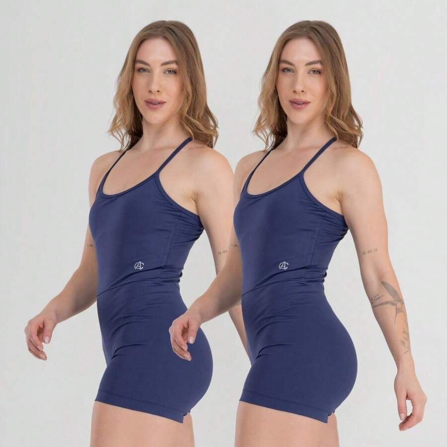 Set Of 2 Fitness Jumpsuits, Backless, Zero Transparency, For Gym, Crossfit - 2x Marine - View 1