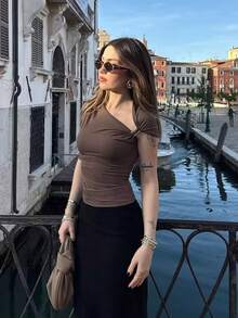 Women's Brown Asymmetric One Shoulder Ruched Top For Summer Beach Vacation Slim Fit Simple Tops - Brown - View 7