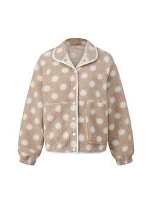 Womens Fall Winter Fleece Jacket Dot Pattern Long Sleeve Lapel Button Down Sherpa Coat - Khaki - View 1
