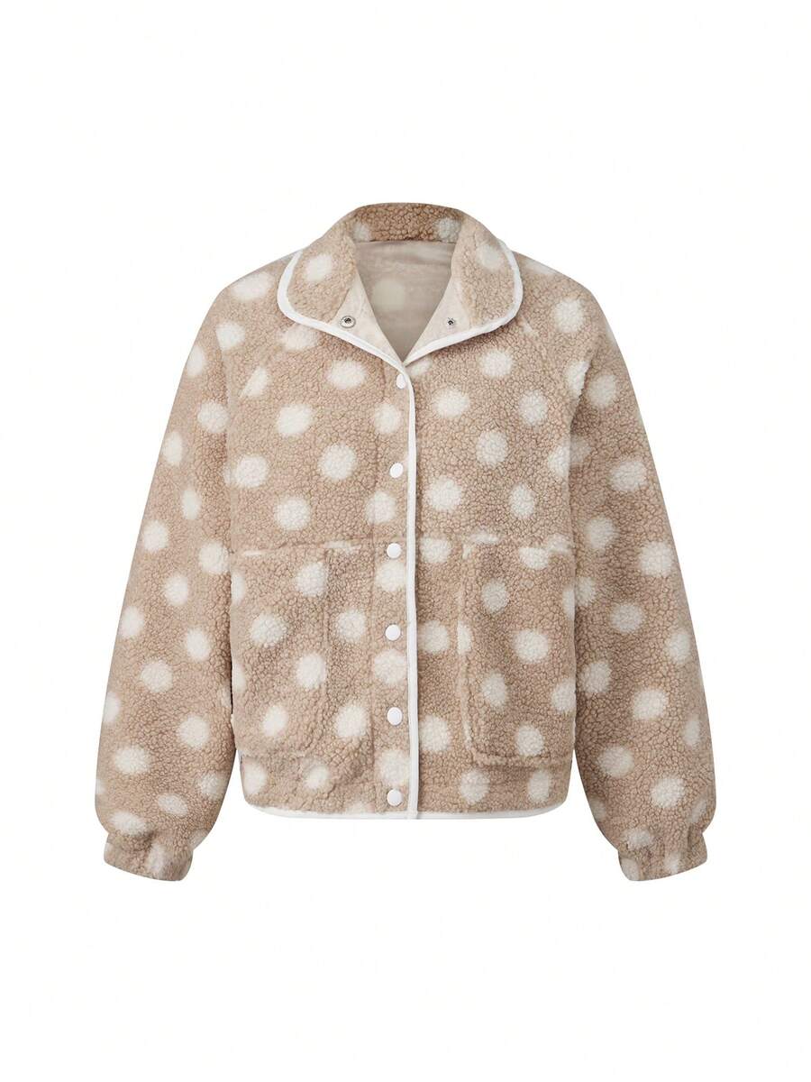 Womens Fall Winter Fleece Jacket Dot Pattern Long Sleeve Lapel Button Down Sherpa Coat - Khaki - View 1