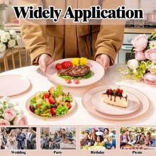 50Pcs Pink & Gold Plastic Dinnerware Set - Elegant Disposable Plates With Gold Trim, Includes 10 Gold Plastic Forks, Knives & Spoons, 10 Heavy-Duty 10.25" Dinner Plates & 10 7.5" Dessert Plates - Perfect For Weddings, Parties, Holidays & Family Gatherings - 彩色 - 查看 10