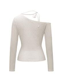 阳光少女风白色波点针织长袖上衣，韩版纯粹欲望风格，单肩蝴蝶结系带，适合夏季情人节、居家休闲或日常通勤穿着。 - 米色 - 查看 4