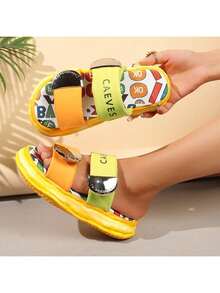 Sandal nữ đế dày, kiểu dáng tối giản, họa tiết graffiti Dopamine, có khóa dán. - Vàng - Xem 5