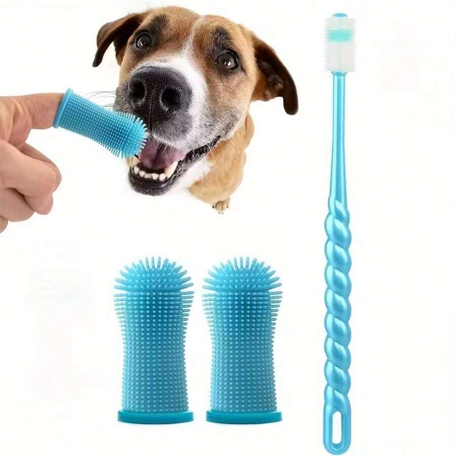 3件套宠物牙齿护理套装，硅胶狗狗牙刷套装，含指套牙刷和超软毛刷，360度全方位设计