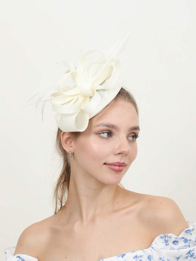 1 pièce Chapeau de style bohème élégant de palais de style avec nœud, coque de couleur unie, voile en polyester avec plumes. Convient pour les courses, enterrement de vie de jeune fille, mariage, fête de Noël, garden party - Multicolore - Voir 18