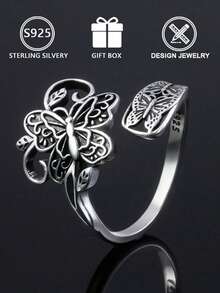 1pc 925 Sterling Silver Hollow Butterfly Pattern Double Layer Open Ring (Butterfly Duet Design), Gift Box, Suitable For Daily Wear And Valentine's Day Gift - Antique Silver - View 5