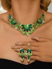 3件套女士时尚首饰 - 耳环+项链，波西米亚风蓝色水钻闪亮高端时尚首饰套装，派对/礼物