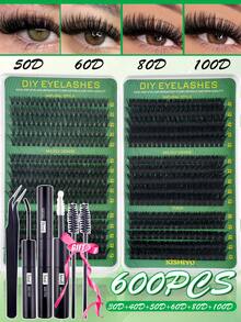 600pcs D-Curl Segmented False Eyelashes Set, Includes Adhesive, Sealer, Tweezers And Brush, Large Capacity For DIY, Creates Soft Natural Lash Effect, Beginner-Friendly, Fluffy & Voluminous Lash Kit, Portable & Durable, Easy To Apply, Suitable For Makeup Beginners - Multicolor - View 3