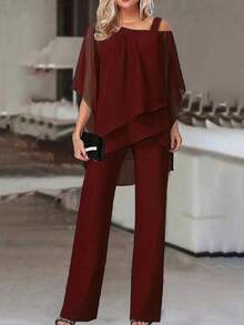 2 Piece Sets Woman,Women's Batwing Sleeve Top And Pants Casual Off-Shoulder Irregular Two-Piece Set - Màu Đỏ Sâu - Xem 2